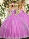 Clearance Floor Length Rose Pink Quinceanera Gowns Tulle Sleeveless Beading and Appliques