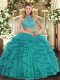 Popular Turquoise Quinceanera Gown Military Ball and Sweet 16 and Quinceanera with Beading and Ruffled Layers Halter Top Sleeveless Criss Cross