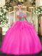 New Style Halter Top Sleeveless Quinceanera Gown Floor Length Beading and Ruffles Hot Pink Tulle