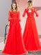 Red Tulle Lace Up Dress for Prom 3 4 Length Sleeve Floor Length Lace