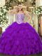 High End Sleeveless Tulle Floor Length Lace Up Quinceanera Dresses in Purple with Beading and Ruffles