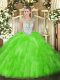 Romantic Sleeveless Tulle Floor Length Zipper 15th Birthday Dress in with Beading and Ruffles