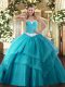 Teal Lace Up 15 Quinceanera Dress Appliques and Ruffled Layers Sleeveless Floor Length