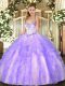 Beauteous Sleeveless Floor Length Beading and Ruffles Lace Up Quince Ball Gowns with Lavender
