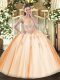 Extravagant Peach Ball Gowns Tulle Scoop Sleeveless Beading and Appliques Floor Length Zipper 15 Quinceanera Dress