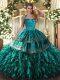 Shining Organza Halter Top Sleeveless Lace Up Embroidery and Ruffles Quinceanera Gowns in Turquoise