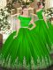 Free and Easy Tulle Off The Shoulder Short Sleeves Zipper Appliques Quince Ball Gowns in Green