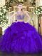 Purple Two Pieces Beading and Ruffles Quinceanera Gowns Lace Up Organza Sleeveless Floor Length