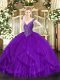 Popular Sleeveless Floor Length Beading and Ruffles Lace Up 15 Quinceanera Dress with Purple