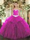 Fuchsia Lace Up Quinceanera Gowns Appliques and Ruffles Sleeveless Floor Length