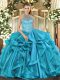 Gorgeous Teal Organza Lace Up Sweet 16 Dresses Sleeveless Floor Length Beading
