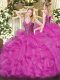 Fuchsia Long Sleeves Organza Lace Up Ball Gown Prom Dress for Military Ball and Sweet 16 and Quinceanera