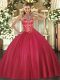 High End Coral Red Quinceanera Gown Military Ball and Sweet 16 and Quinceanera with Beading Halter Top Sleeveless Lace Up