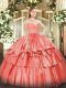 Simple Sleeveless Floor Length Beading and Lace and Ruffled Layers Zipper Quinceanera Gowns with Watermelon Red