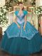 Sweet Teal Satin and Tulle Lace Up Vestidos de Quinceanera Sleeveless Floor Length Beading and Embroidery