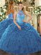 Unique Teal Ball Gowns Organza Halter Top Sleeveless Beading and Ruffles Floor Length Lace Up Quinceanera Dress