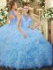 Colorful Floor Length Aqua Blue Ball Gown Prom Dress Halter Top Sleeveless Lace Up
