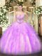 Graceful Sleeveless Tulle Floor Length Lace Up Sweet 16 Dresses in Lilac with Beading and Ruffles