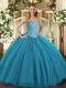 Custom Designed Floor Length Teal Ball Gown Prom Dress Tulle Sleeveless Beading