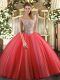 Coral Red Tulle Lace Up Off The Shoulder Sleeveless Floor Length Quinceanera Gown Beading