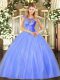 Blue Ball Gowns Scoop Sleeveless Tulle Floor Length Lace Up Beading Ball Gown Prom Dress