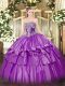 Custom Designed Beading and Ruffled Layers Quinceanera Gown Purple Lace Up Sleeveless Floor Length