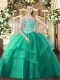 Latest Beading and Ruffled Layers Quinceanera Gowns Turquoise Lace Up Sleeveless Floor Length