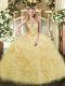 Sleeveless Floor Length Beading and Ruffles Lace Up Sweet 16 Dresses with Champagne