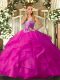 New Style Fuchsia Sleeveless Tulle Lace Up Vestidos de Quinceanera for Military Ball and Sweet 16 and Quinceanera