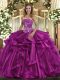 Fancy Fuchsia Ball Gowns Beading and Ruffles Quinceanera Gown Lace Up Organza Sleeveless Floor Length