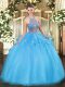 Glittering Aqua Blue Tulle Lace Up Halter Top Sleeveless Floor Length Sweet 16 Quinceanera Dress Beading and Ruffles