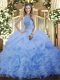 Customized Blue Lace Up High-neck Beading and Ruffles and Pick Ups Ball Gown Prom Dress Organza Sleeveless