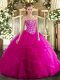 Fashionable Floor Length Fuchsia Ball Gown Prom Dress Tulle Sleeveless Embroidery and Ruffles