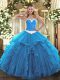 Baby Blue Ball Gowns Sweetheart Sleeveless Organza Floor Length Lace Up Appliques and Ruffles Quince Ball Gowns