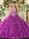 High Class Fuchsia Straps Lace Up Beading Sweet 16 Dresses Sleeveless