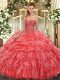 Edgy Sweetheart Sleeveless Quince Ball Gowns Floor Length Beading and Ruffles and Pick Ups Coral Red Organza