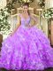 Custom Fit Floor Length Lace Up Quince Ball Gowns Lilac for Military Ball and Sweet 16 and Quinceanera with Beading and Ruffled Layers
