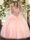 Peach Ball Gowns Organza Scoop Sleeveless Beading Floor Length Zipper Ball Gown Prom Dress