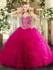 Customized Sleeveless Floor Length Beading and Ruffles Lace Up 15 Quinceanera Dress with Hot Pink