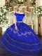 Elegant Royal Blue 15 Quinceanera Dress Military Ball and Sweet 16 and Quinceanera with Embroidery and Ruffled Layers Off The Shoulder Short Sleeves Zipper