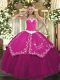 High Quality Sweetheart Sleeveless Quince Ball Gowns Floor Length Appliques and Embroidery Fuchsia Satin and Tulle