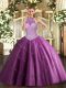 Halter Top Sleeveless Sweet 16 Dresses Floor Length Beading and Appliques Fuchsia Tulle