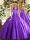 Purple Sweet 16 Dress Military Ball and Sweet 16 and Quinceanera with Appliques Halter Top Sleeveless Lace Up