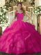 Hot Pink Lace Up Halter Top Ruffles Quinceanera Gown Tulle Sleeveless