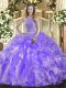 Lavender Organza Lace Up High-neck Sleeveless Floor Length Quinceanera Gown Beading and Ruffles