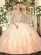 Floor Length Peach Ball Gown Prom Dress Organza Sleeveless Beading and Ruffles
