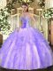 Luxury Lavender Ball Gowns Beading and Ruffles Sweet 16 Dress Lace Up Tulle Sleeveless Floor Length