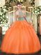 Halter Top Sleeveless Quinceanera Dress Floor Length Beading and Ruffles Orange Red Tulle