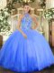 Deluxe Blue Halter Top Neckline Embroidery Quinceanera Dresses Sleeveless Lace Up