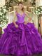 Wonderful Purple Organza Lace Up Quinceanera Gown Sleeveless Floor Length Beading and Ruffles